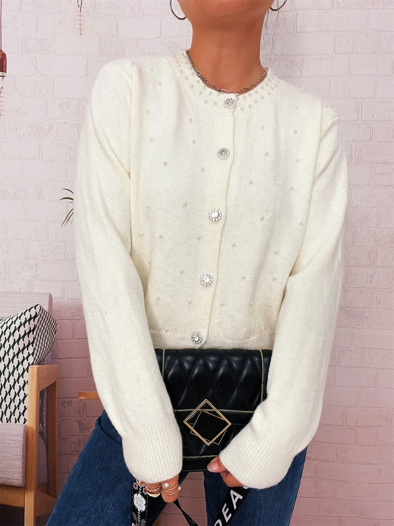 Pearl Detail Button-Front Cardigan - Image 18