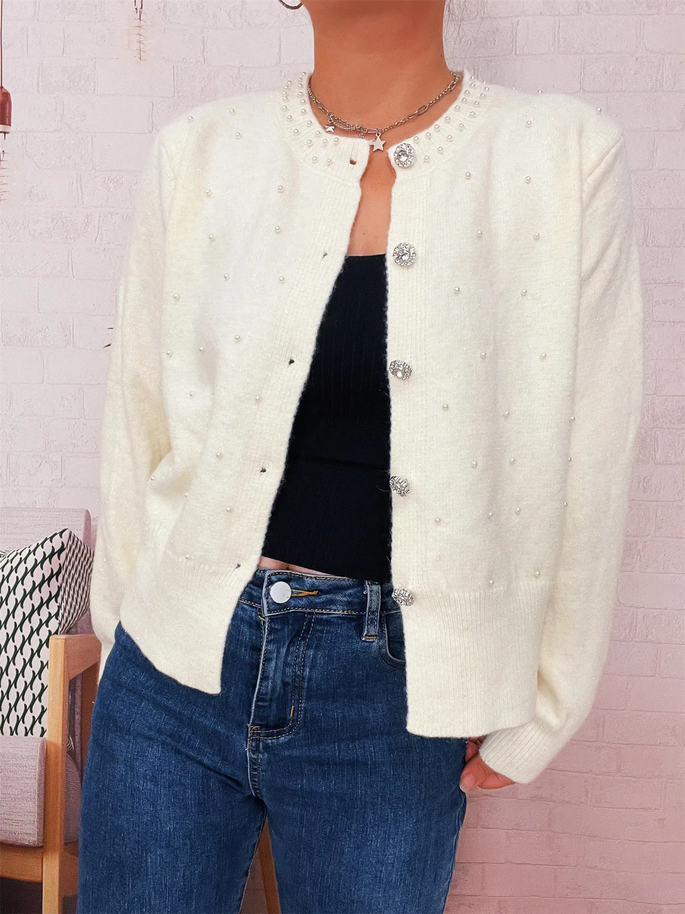 Pearl Detail Button-Front Cardigan - Image 19