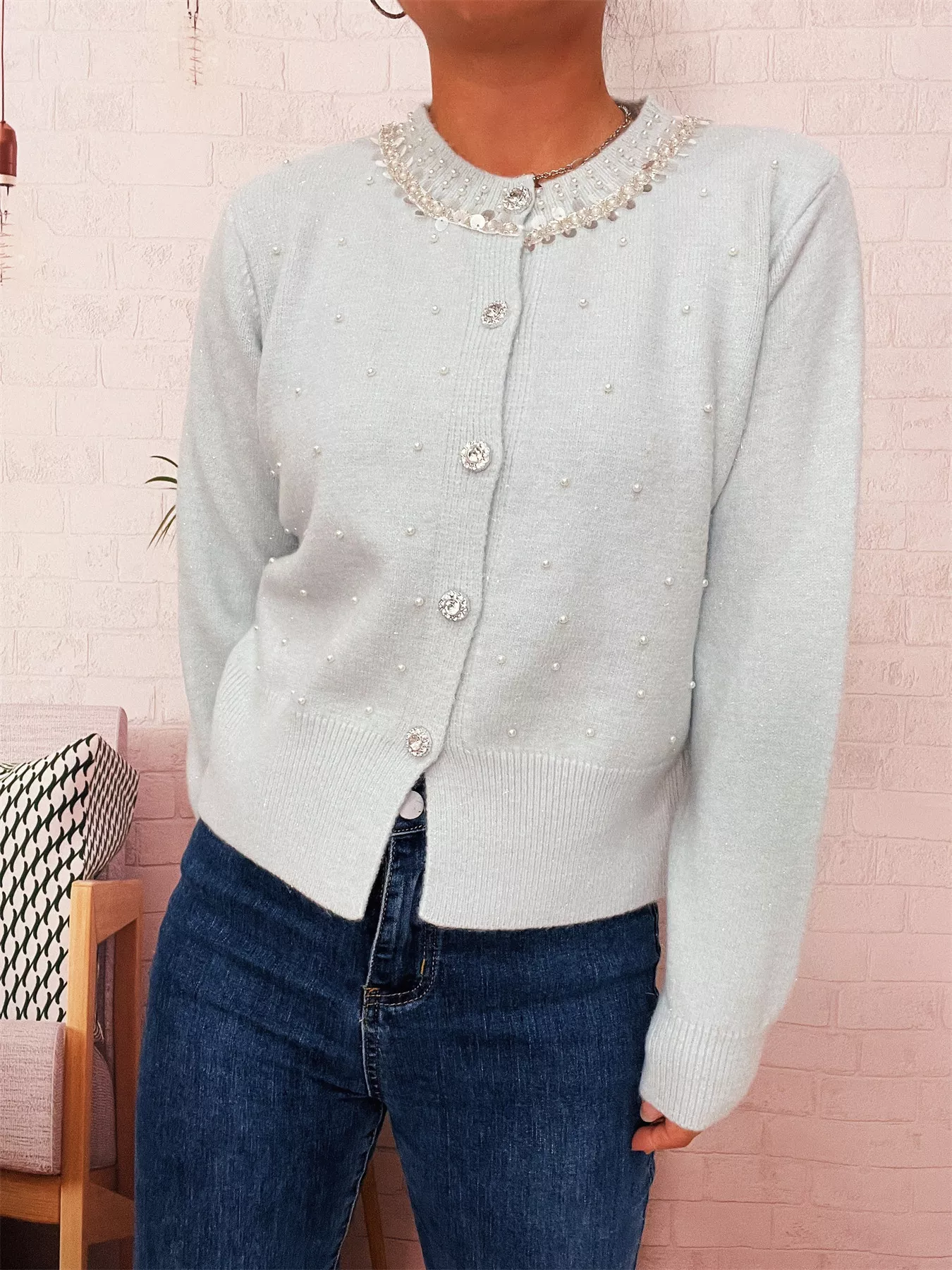 Pearl Detail Button-Front Cardigan - Image 22