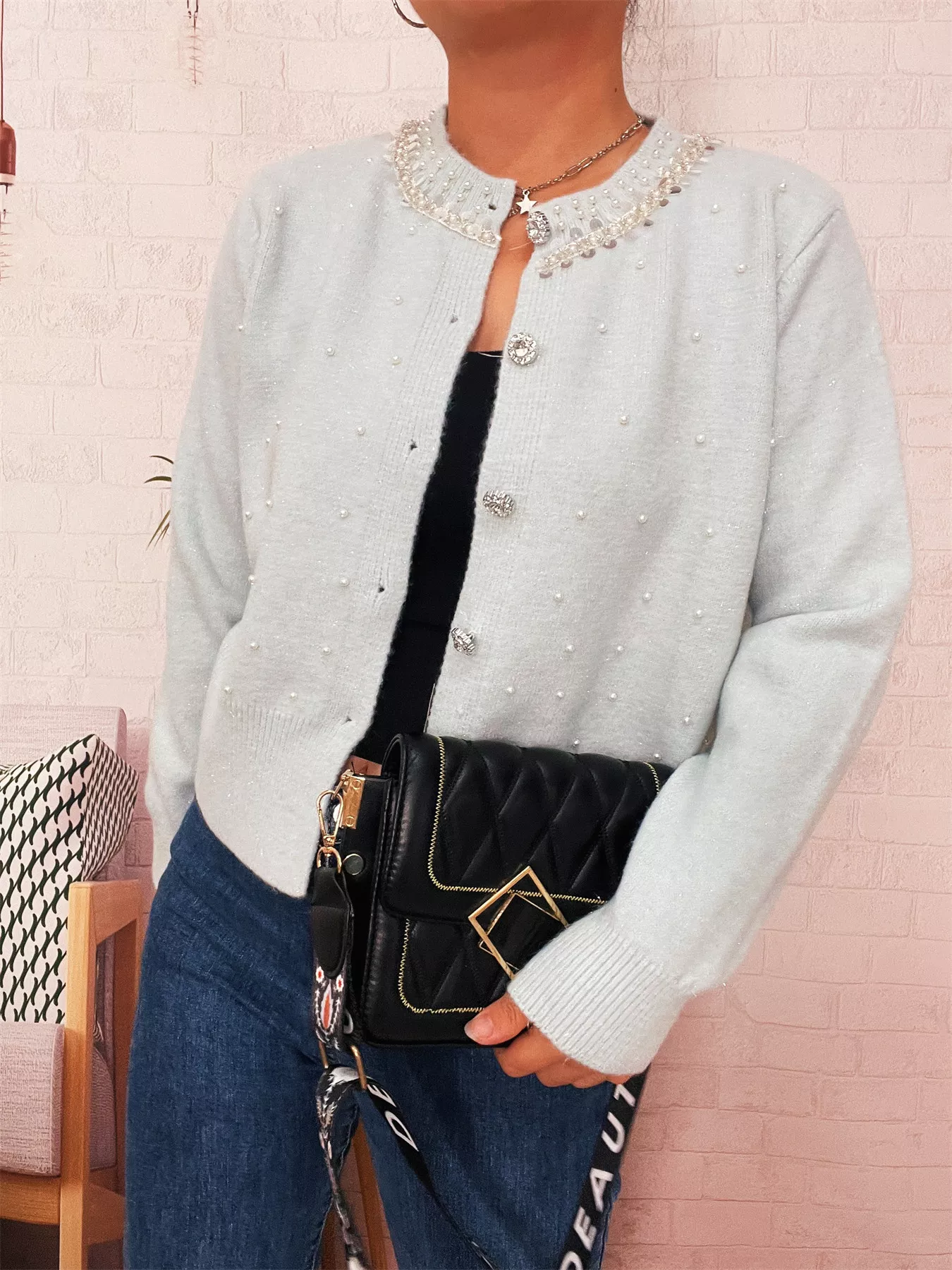 Pearl Detail Button-Front Cardigan - Image 23