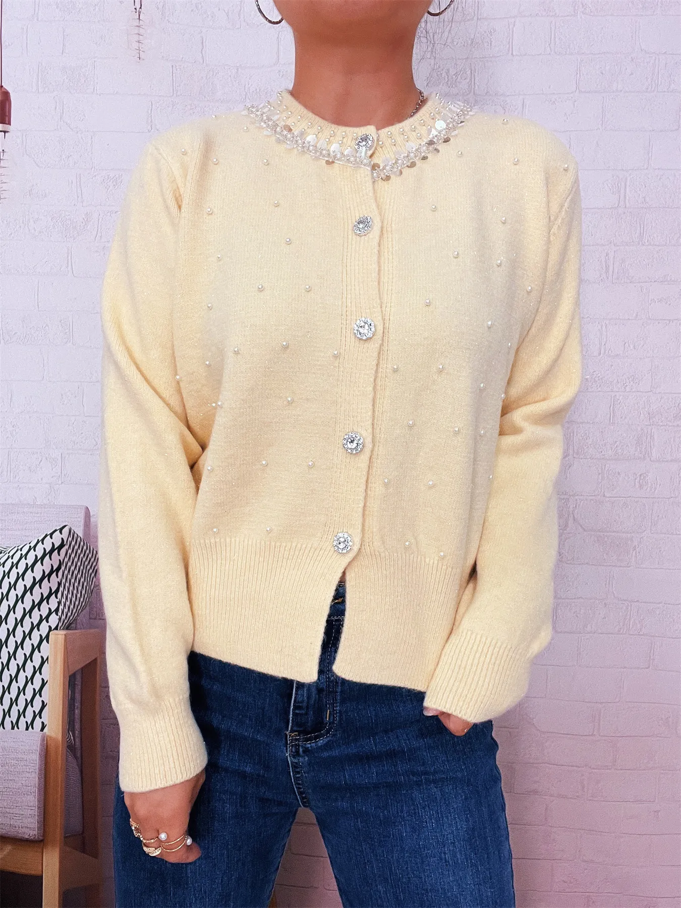 Pearl Detail Button-Front Cardigan - Image 25