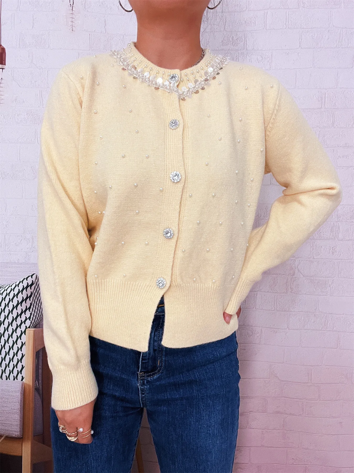 Pearl Detail Button-Front Cardigan - Image 28