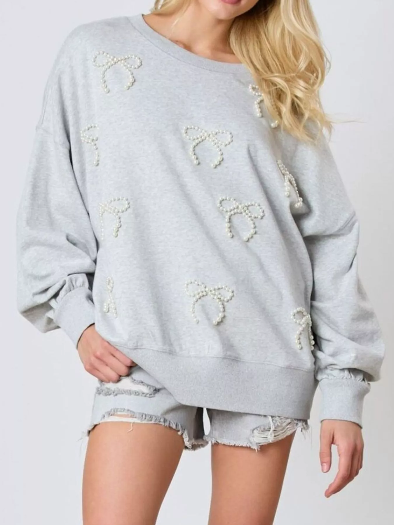 Pearl Embellished Bow Long Sleeve Sweatshirt - Image 6