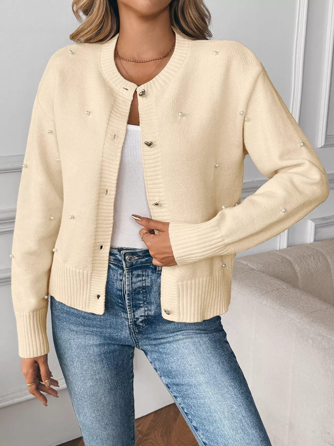 Pearl Embellished Button-Up Cardigan - Image 5