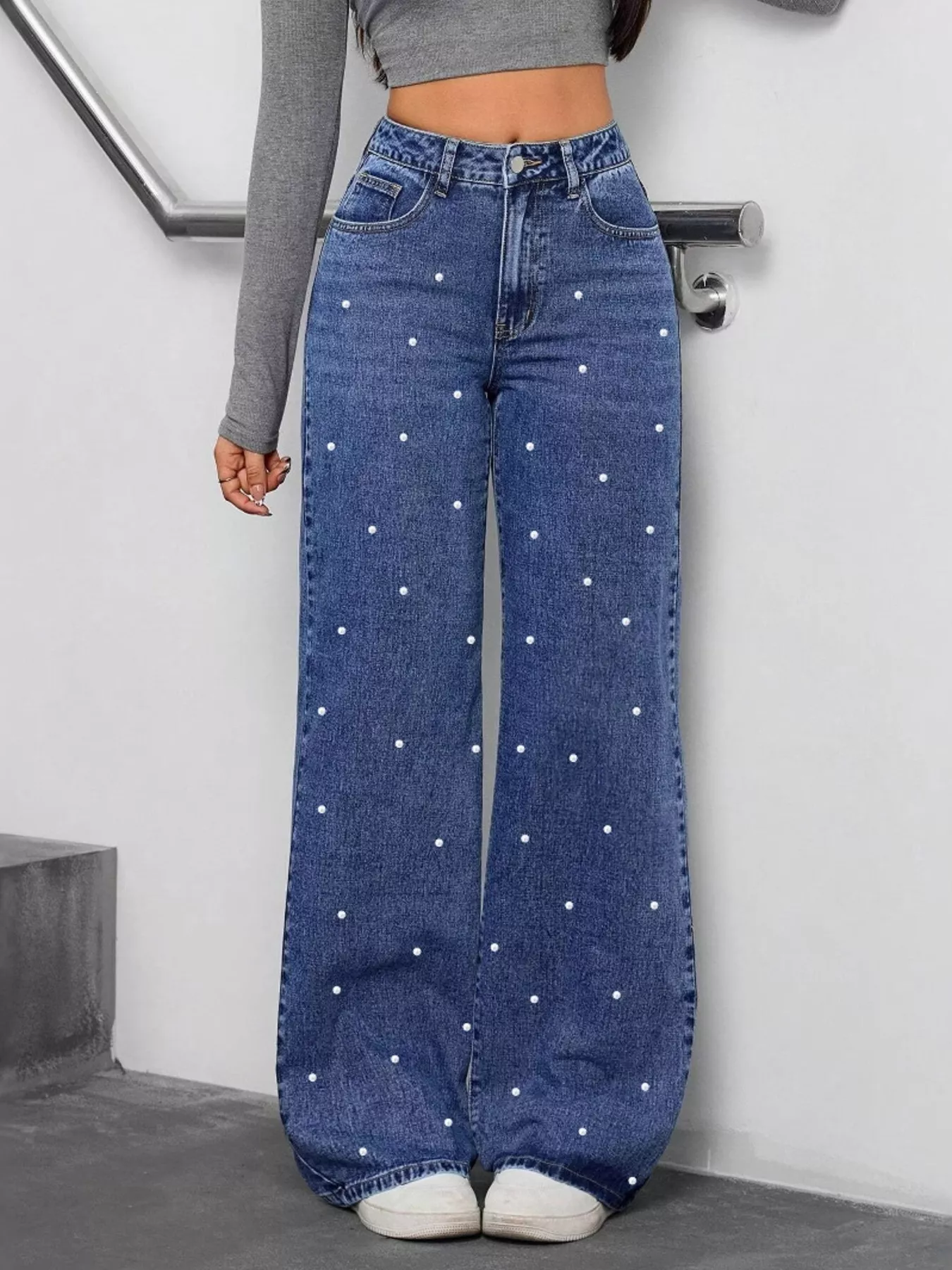 Pearl Embellished Wide Leg Jeans - Image 2