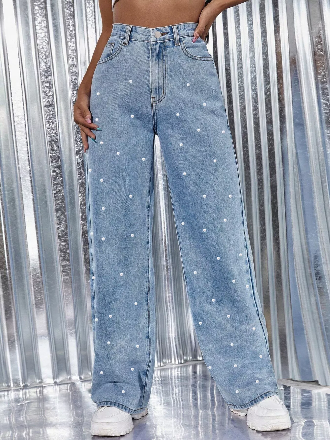 Pearl Embellished Wide Leg Jeans - Image 8