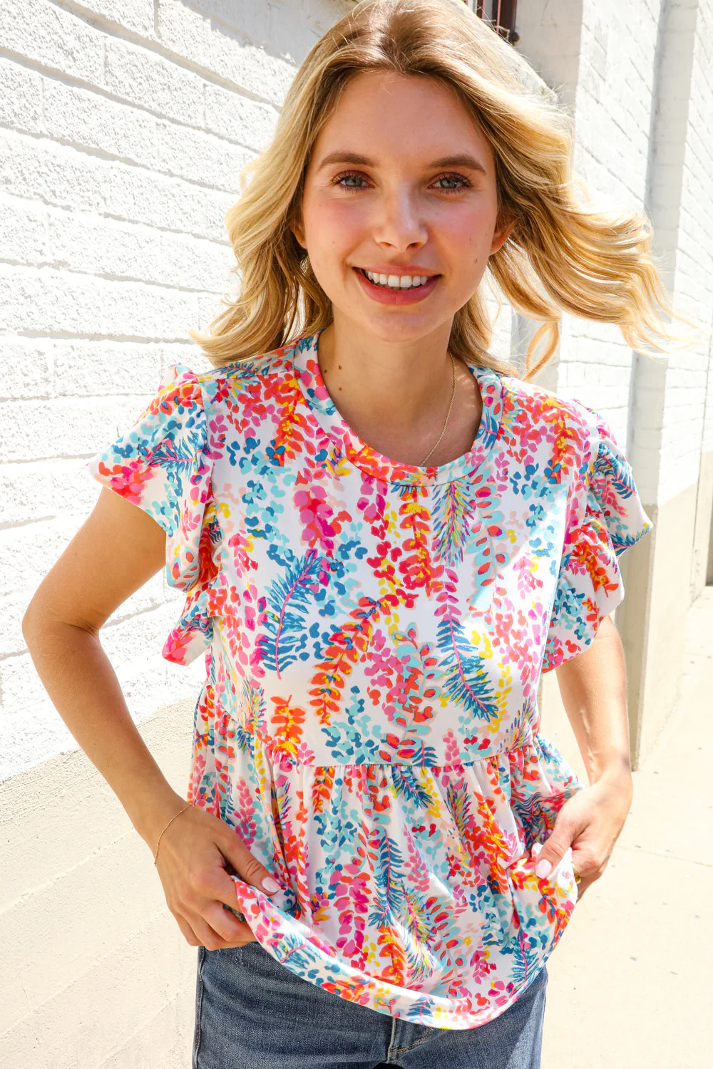 Perfect Find Ivory Floral Leaf Print Short Sleeve Babydoll Top - Image 3