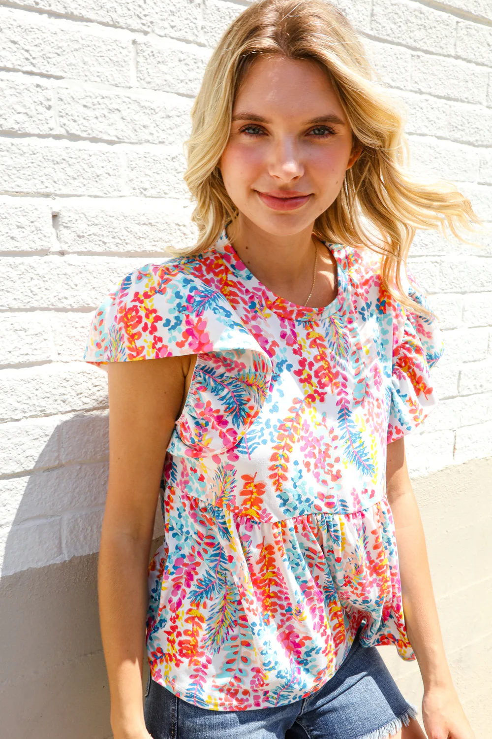 Perfect Find Ivory Floral Leaf Print Short Sleeve Babydoll Top - Image 4