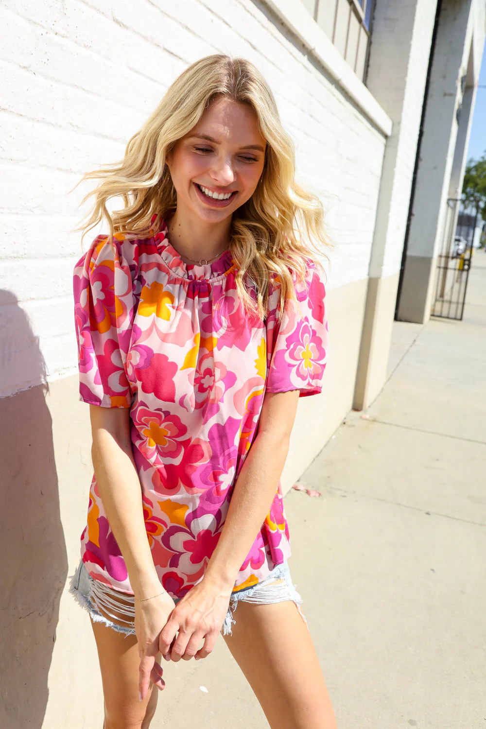 Perfectly You Fuchsia Big Floral Frill Neck Back Button Blouse - Image 11