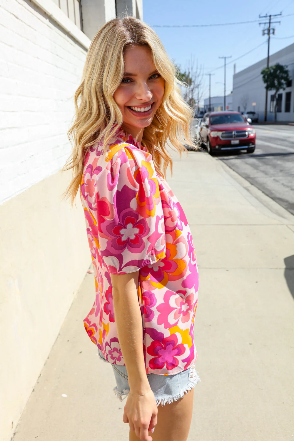 Perfectly You Fuchsia Big Floral Frill Neck Back Button Blouse - Image 13