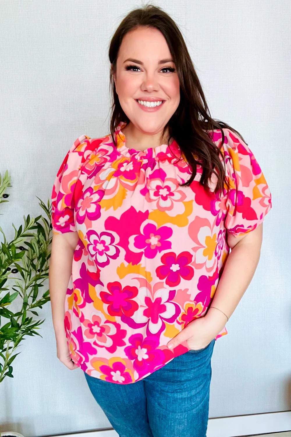 Perfectly You Fuchsia Big Floral Frill Neck Back Button Blouse - Image 14
