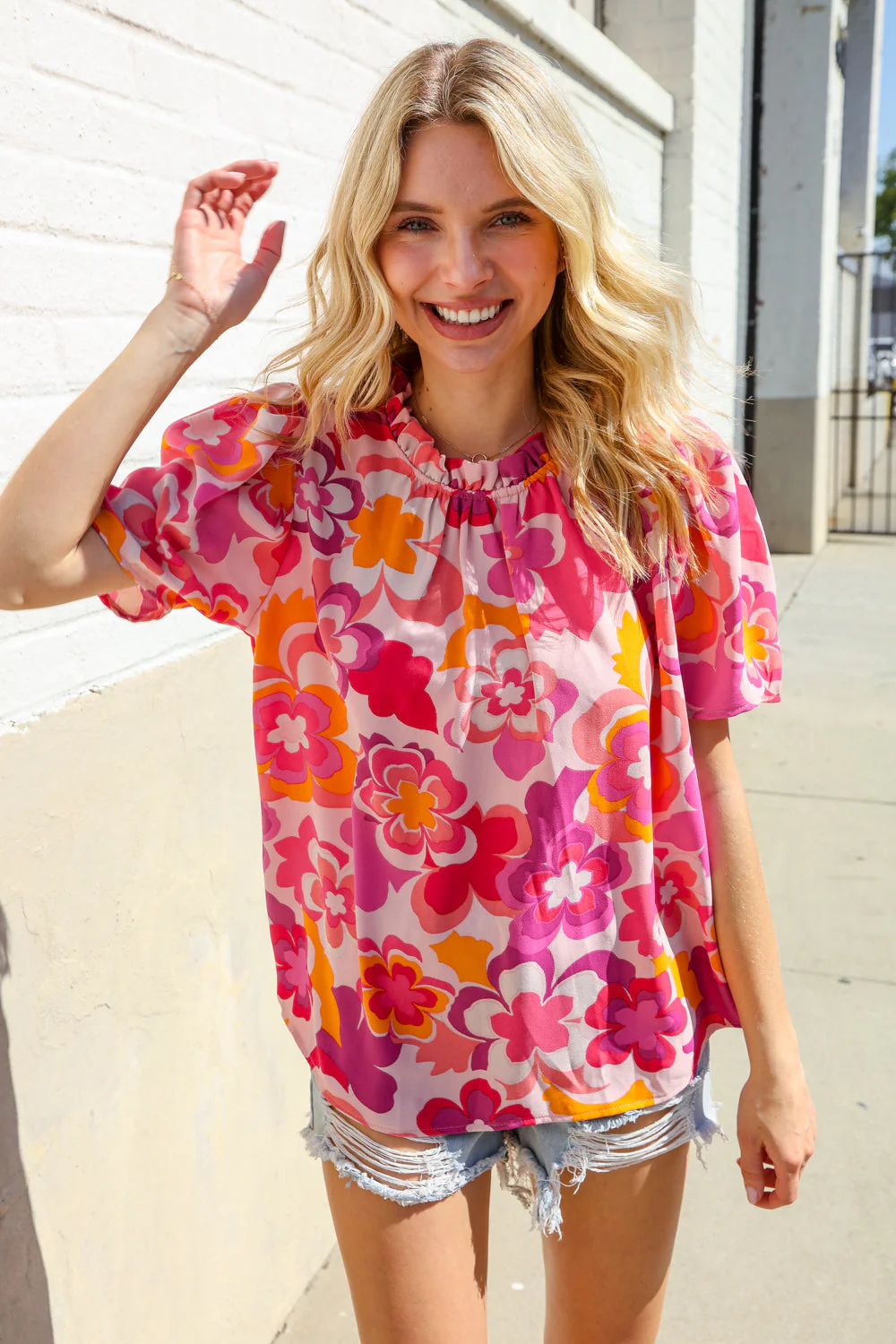 Perfectly You Fuchsia Big Floral Frill Neck Back Button Blouse - Image 4