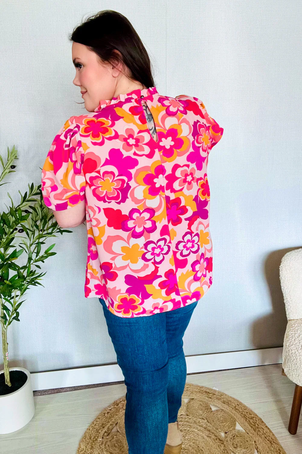 Perfectly You Fuchsia Big Floral Frill Neck Back Button Blouse - Image 7