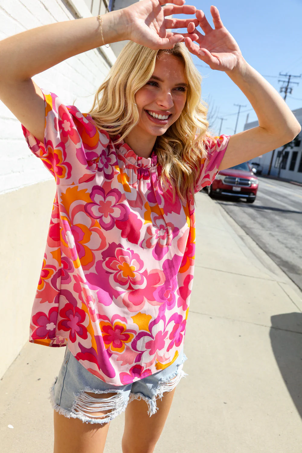 Perfectly You Fuchsia Big Floral Frill Neck Back Button Blouse - Image 9