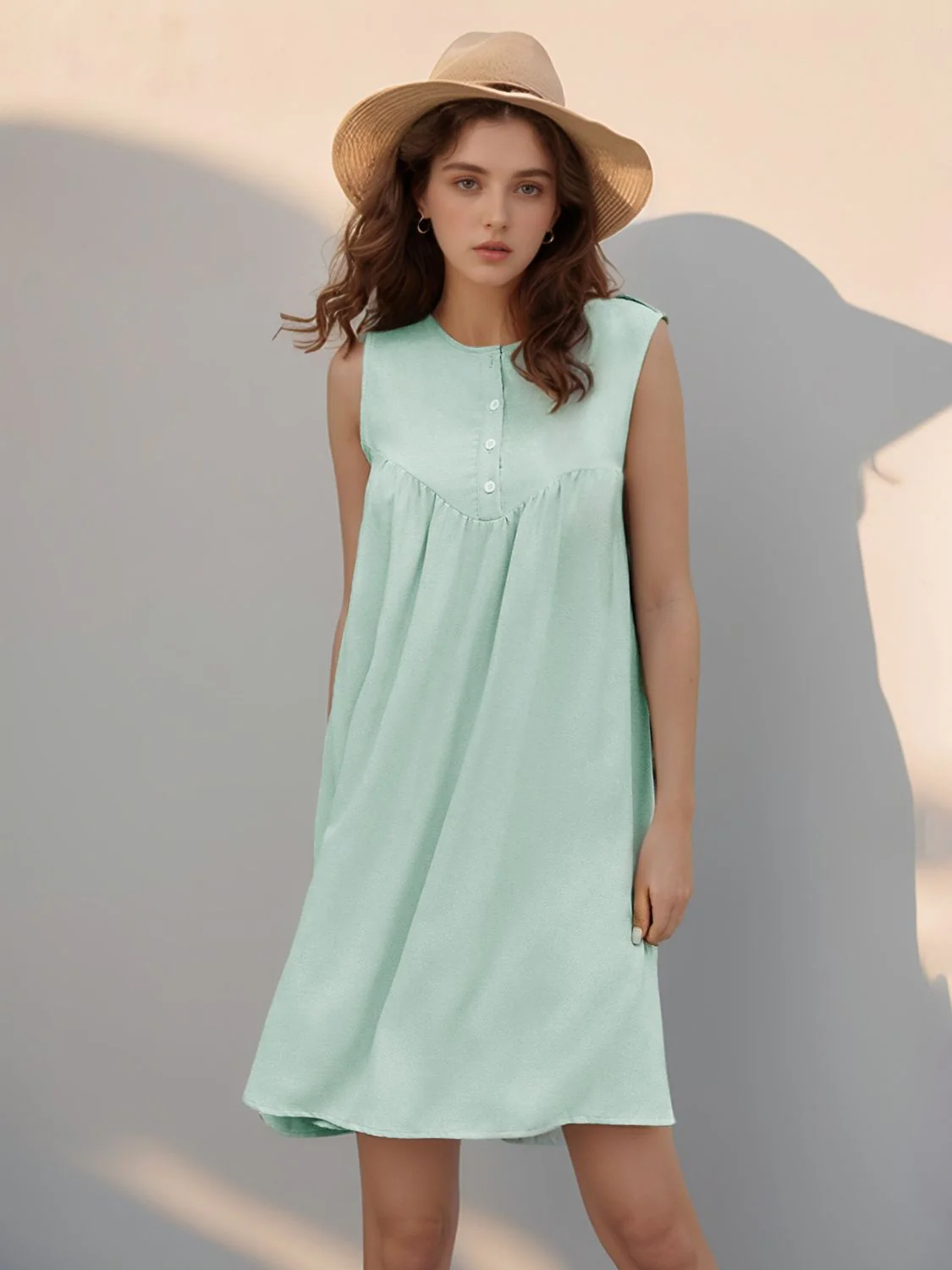 Perfee Button Detail Round Neck Sleeveless Mini Dress - Image 4