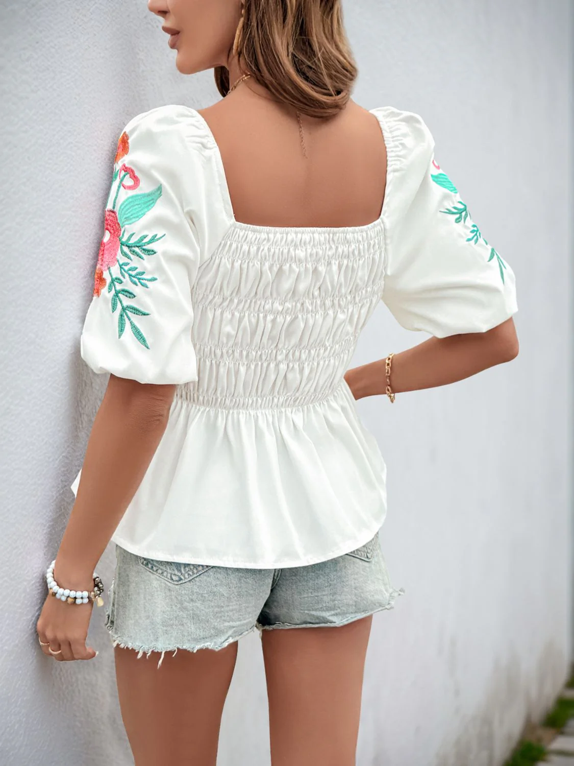 Perfee Embroidered Smocked Square Neck Half Sleeve Blouse - Image 2