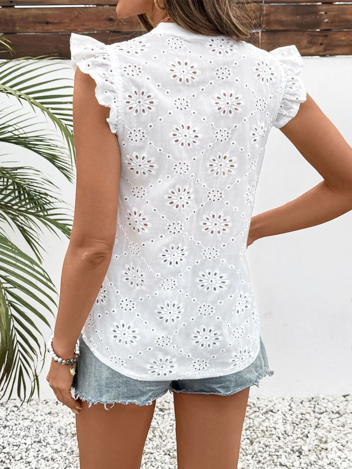 Perfee Eyelet Notched Ruffled Cap Sleeve Blouse - Image 6