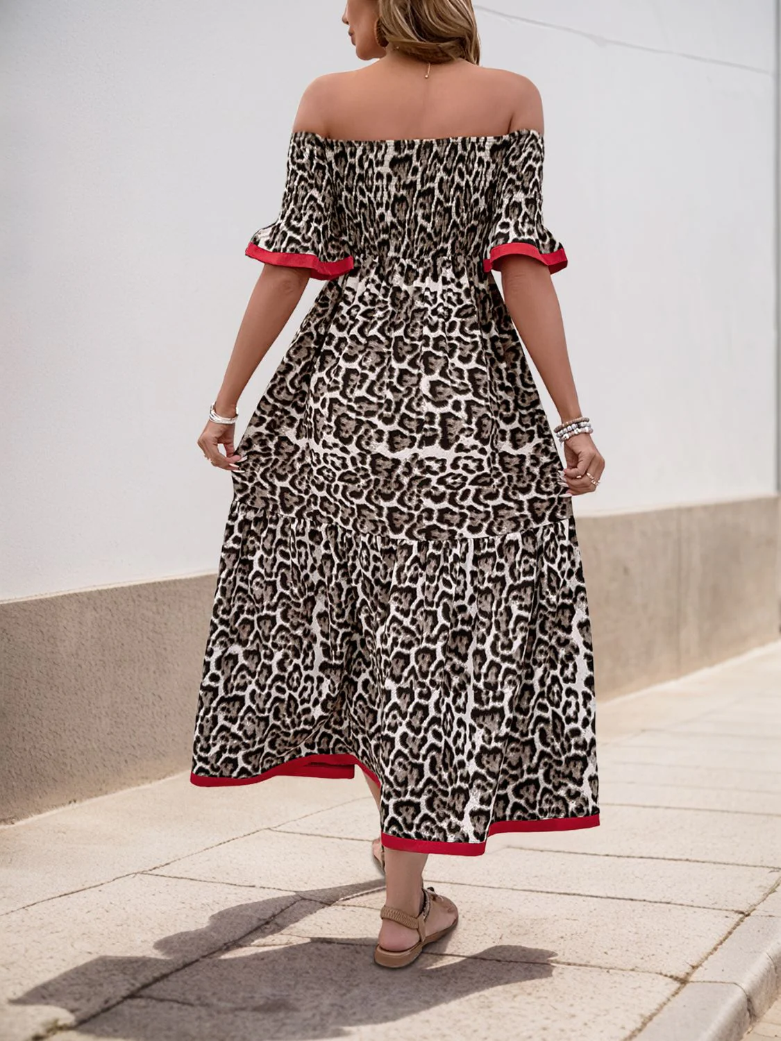 Perfee Leopard Off-Shoulder Flounce Sleeve Midi Dress - Image 3