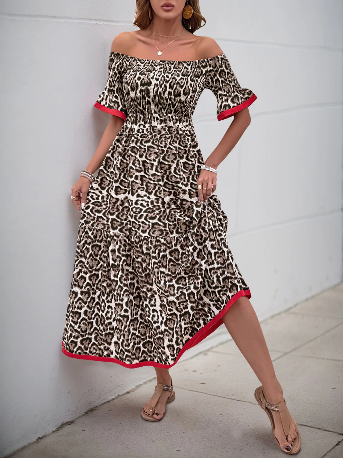 Perfee Leopard Off-Shoulder Flounce Sleeve Midi Dress - Image 4