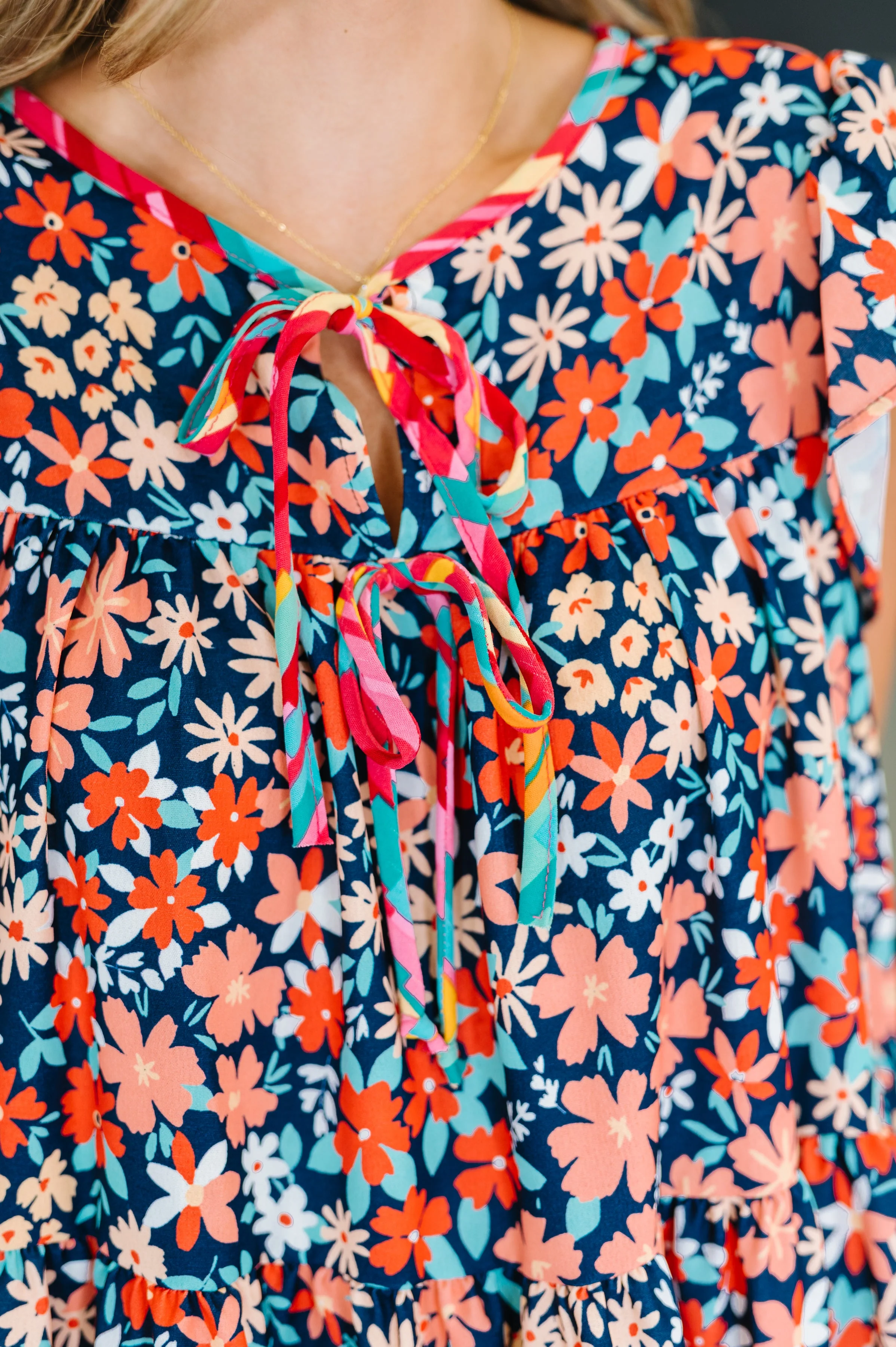 Petal to the Metal Flutter Sleeve Dress in Navy/Coral - Image 2