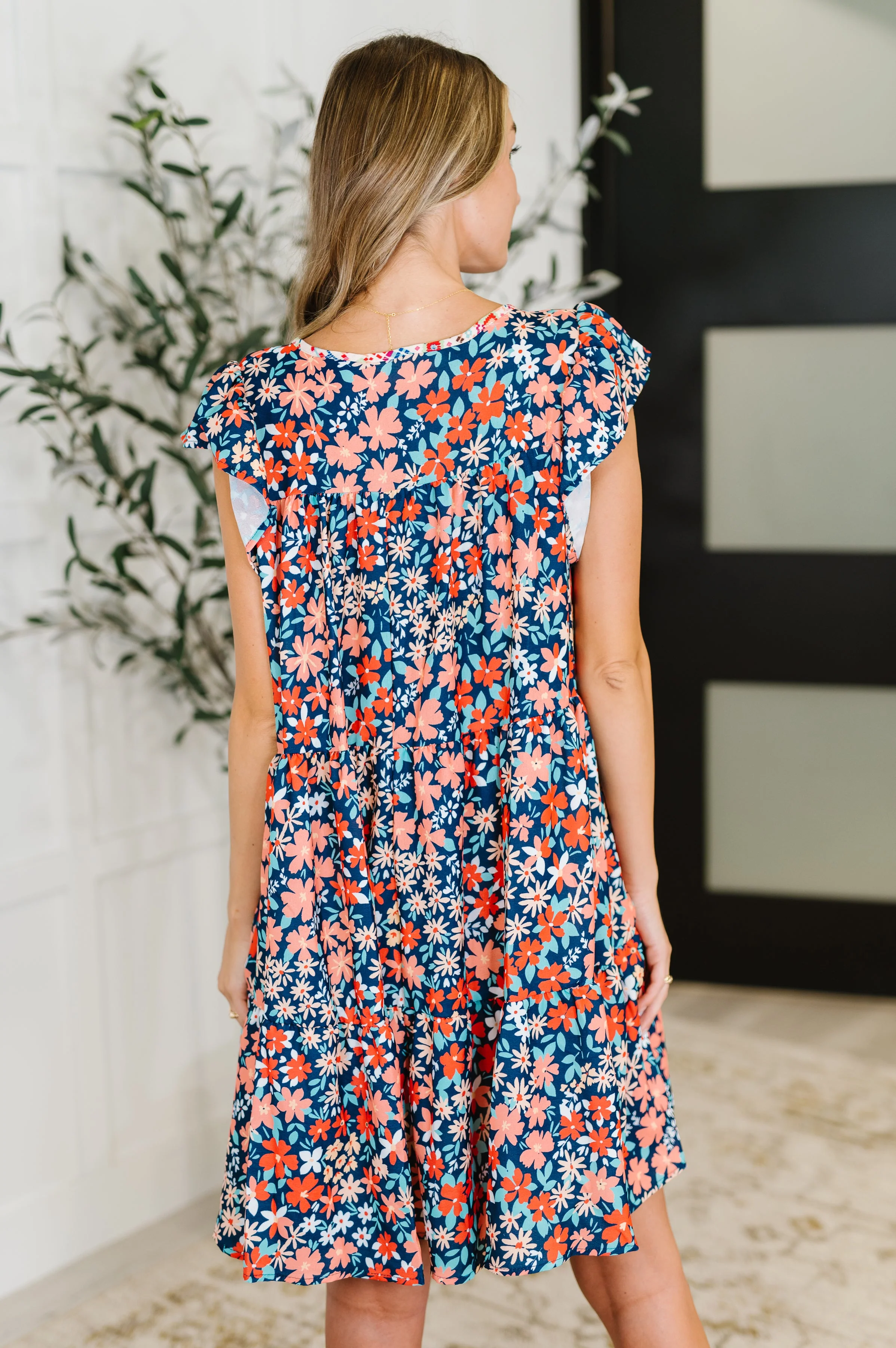 Petal to the Metal Flutter Sleeve Dress in Navy/Coral - Image 6