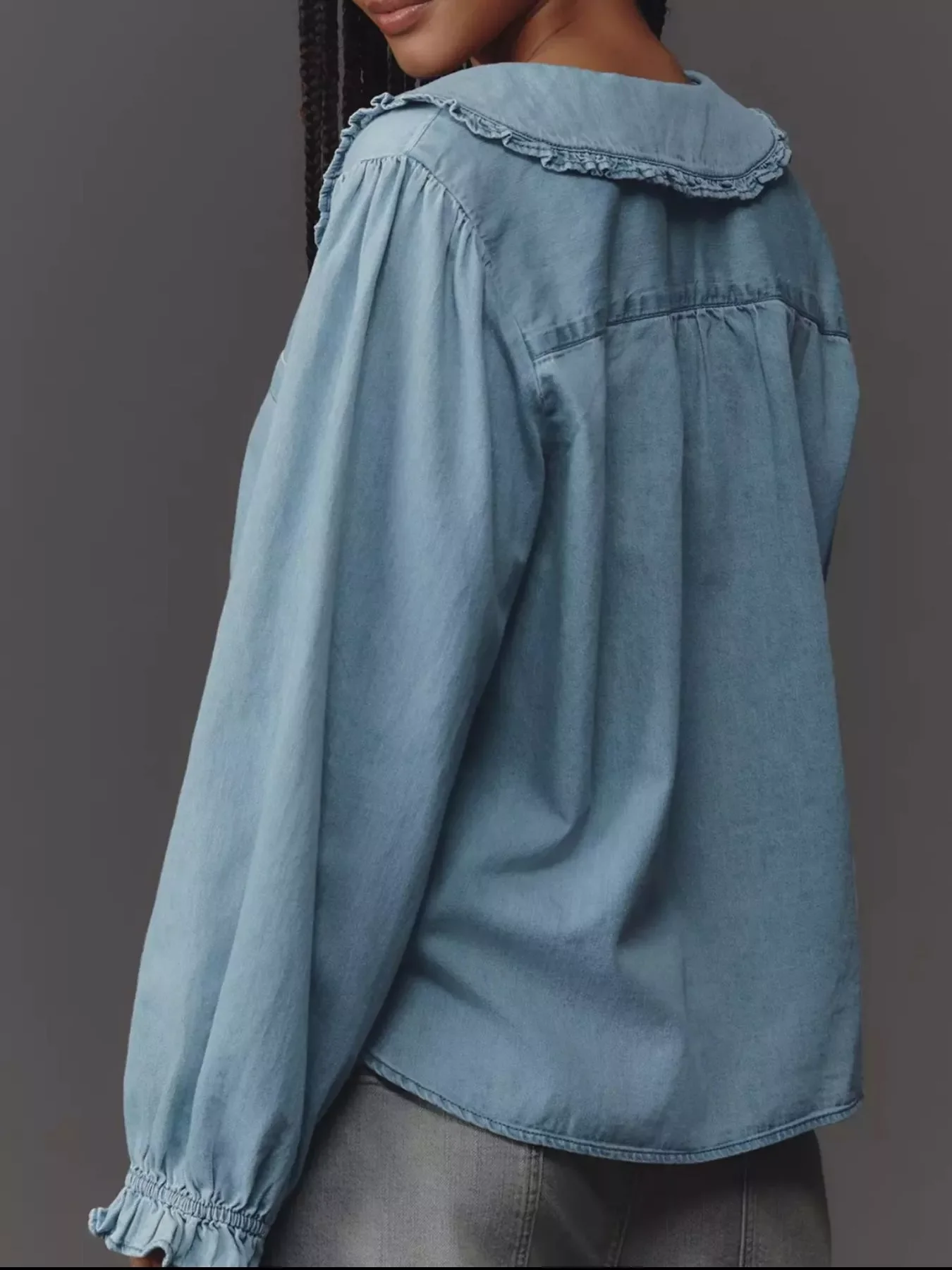 Peter Pan Collar Ruffled Denim Shirt - Image 4