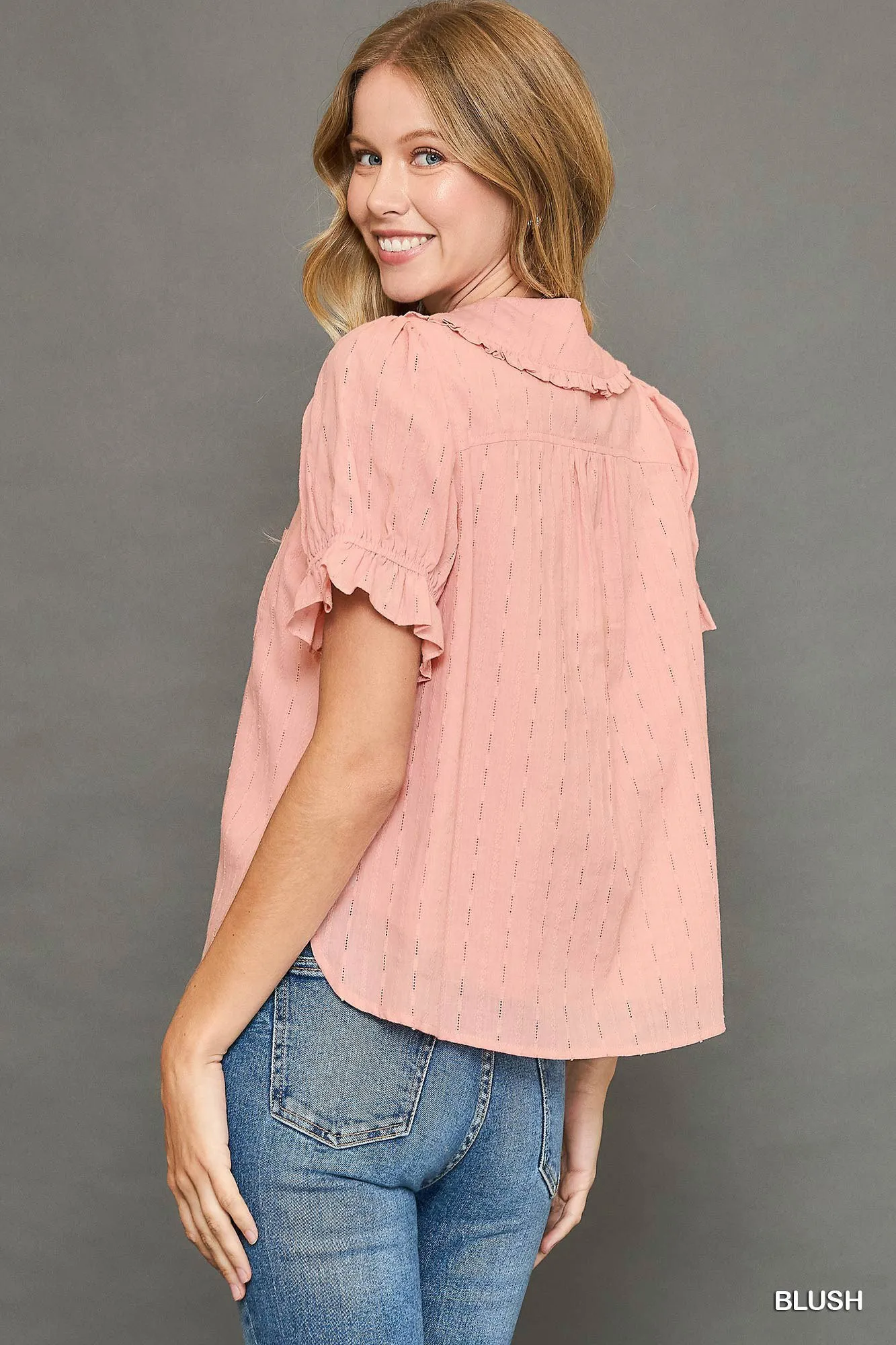 Peter Pan Collared Button Down Textured Shirt with Ruffled Detail - Image 3