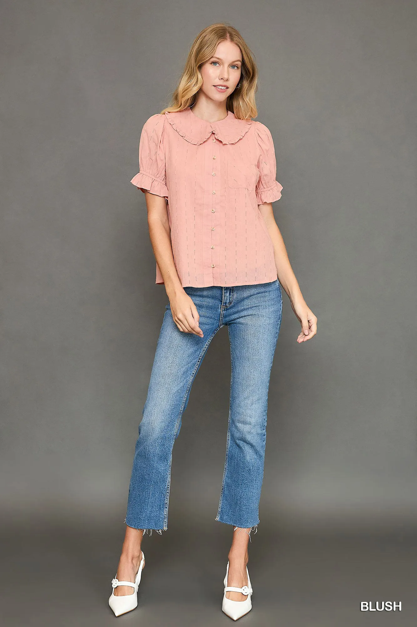 Peter Pan Collared Button Down Textured Shirt with Ruffled Detail - Image 4