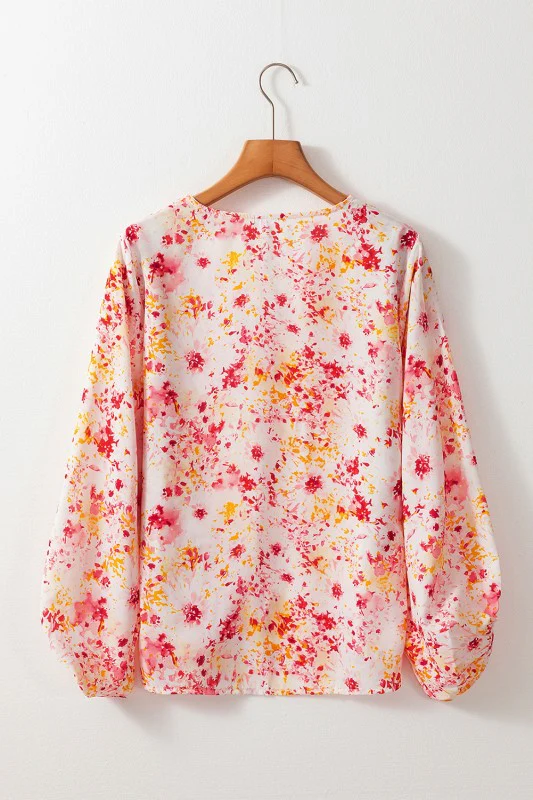 Pink Ditsy Floral Bubble Sleeve V Neck Blouse - Image 4