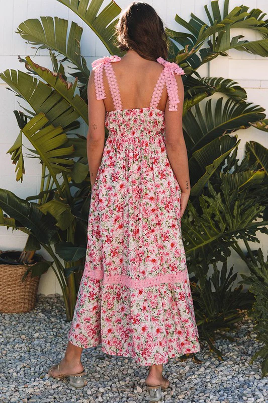 Pink Floral Lace Tied Strap Empire Waist Dress - Image 10
