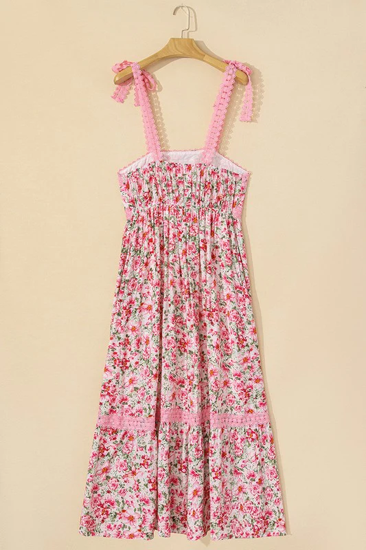 Pink Floral Lace Tied Strap Empire Waist Dress - Image 8