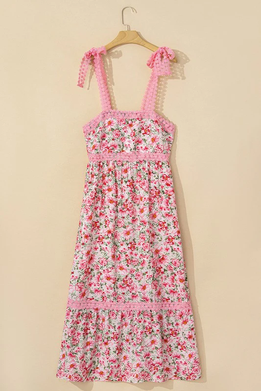 Pink Floral Lace Tied Strap Empire Waist Dress - Image 9