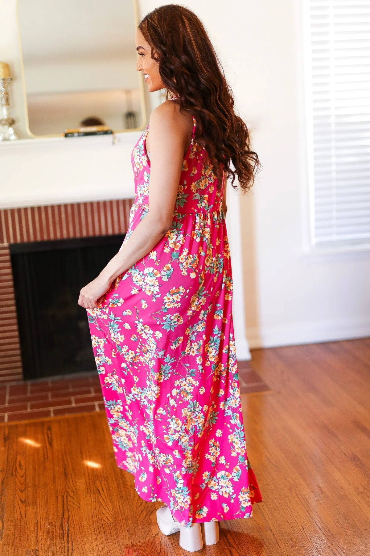 Pink Floral Print Fit and Flare Sleeveless Maxi Dress - Image 2