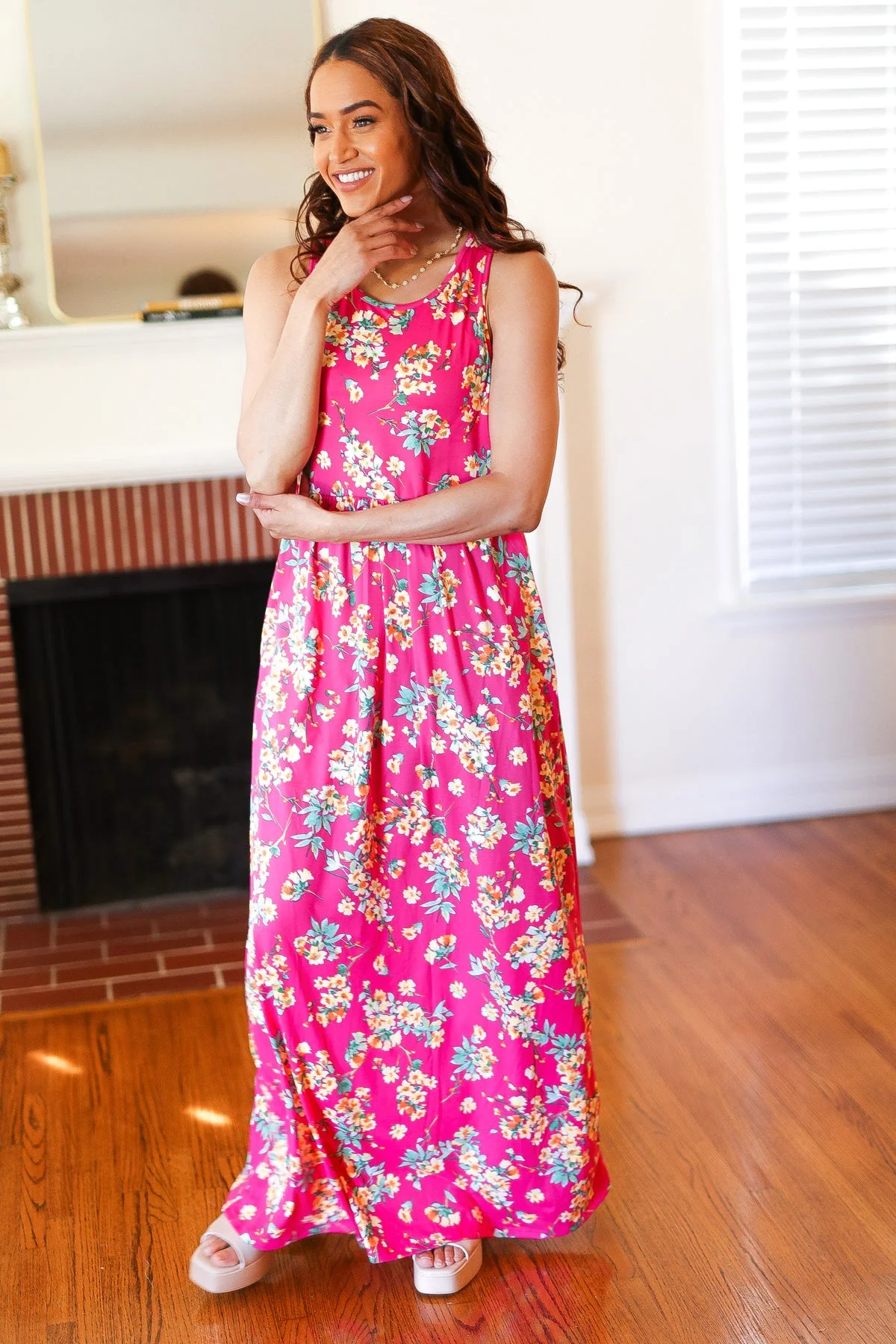 Pink Floral Print Fit and Flare Sleeveless Maxi Dress - Image 4