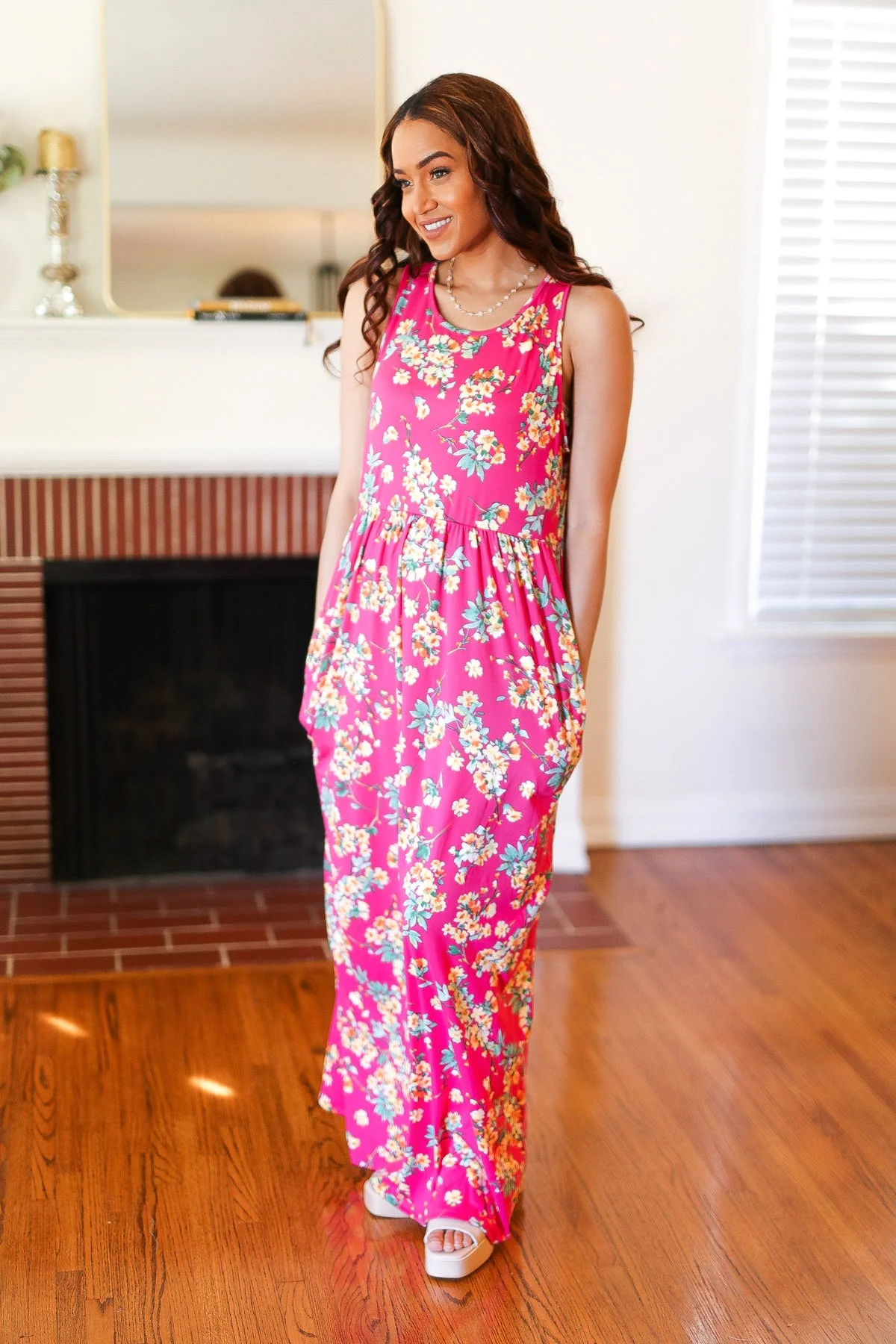 Pink Floral Print Fit and Flare Sleeveless Maxi Dress - Image 6