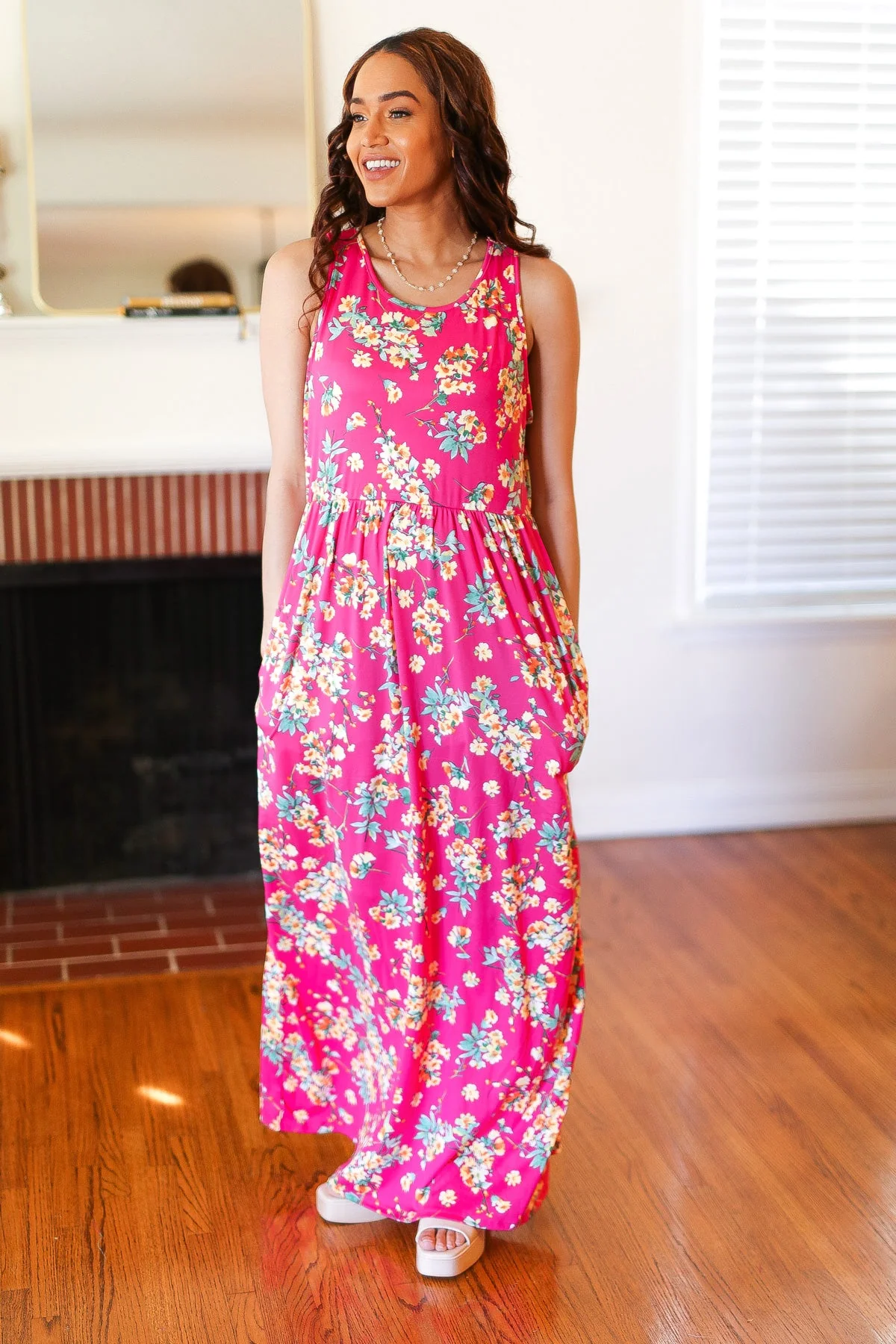 Pink Floral Print Fit and Flare Sleeveless Maxi Dress - Image 7