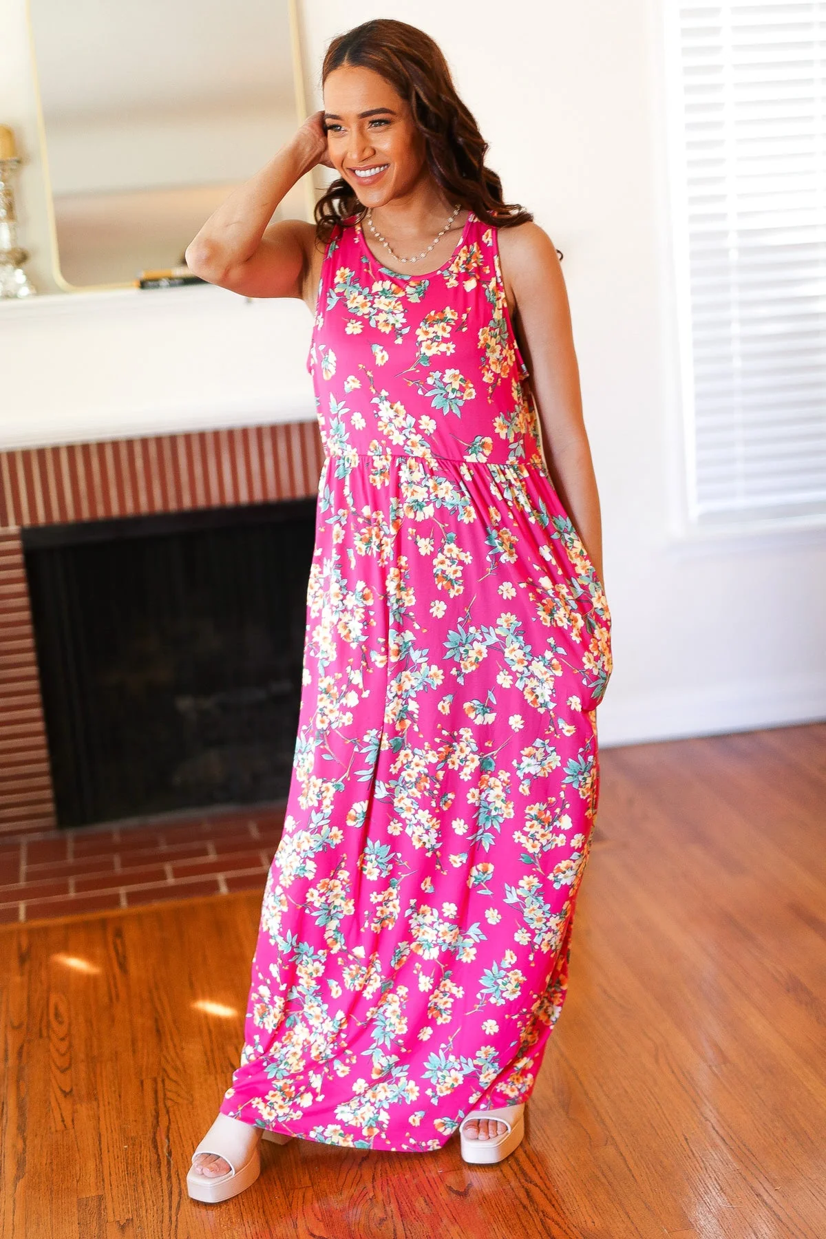Pink Floral Print Fit and Flare Sleeveless Maxi Dress - Image 9