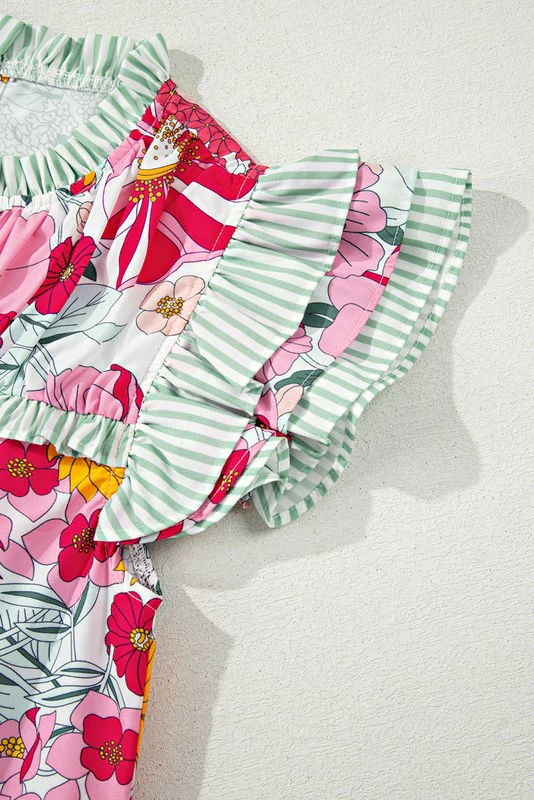 Pink Floral Ruffle Trim Pleated Panel Boho Blouse - Image 5