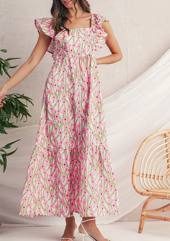Pink Floral Square Neck Ruffled Strap Maxi Dress - Image 13