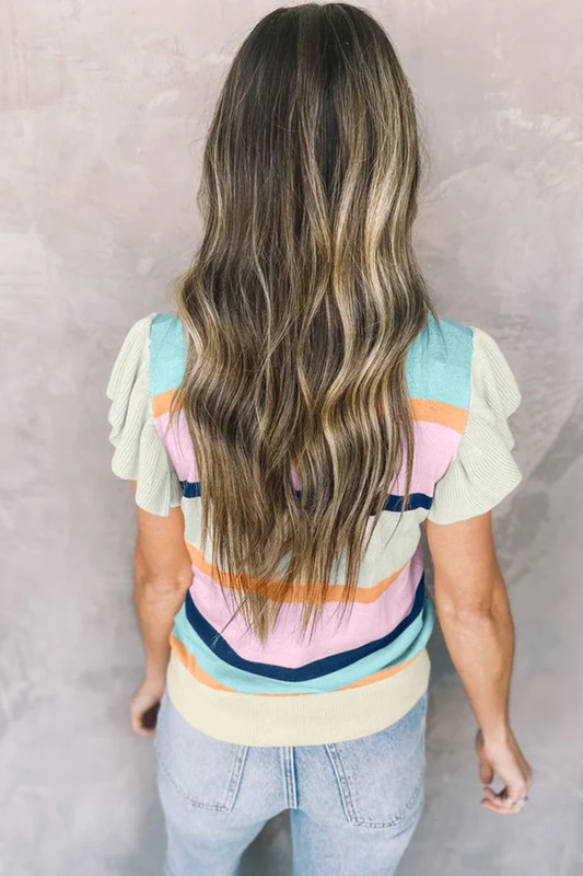 Pink mint multi stripe knit blouse - Image 2