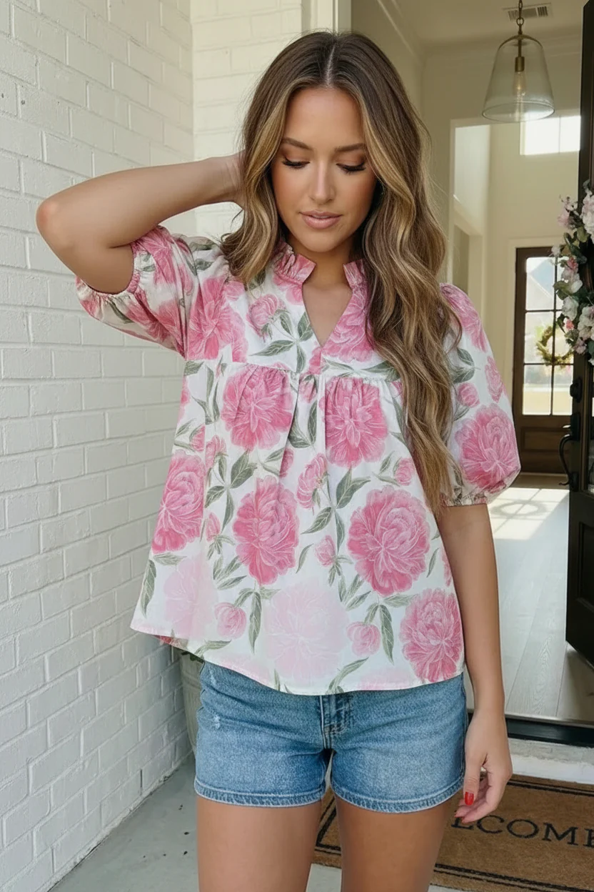Painted Peony Puff Sleeve Blouse - Image 2