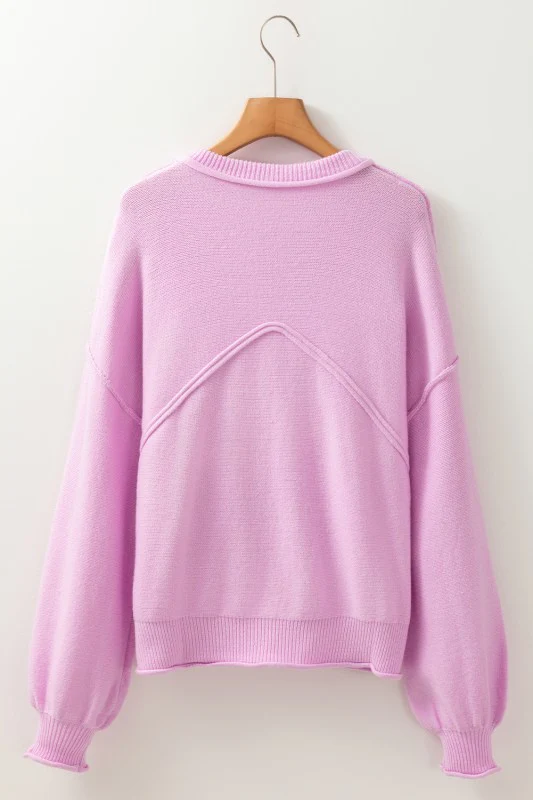 Pink Raw Edge Ribbed Detail Drop Shoulder Sweater - Image 4