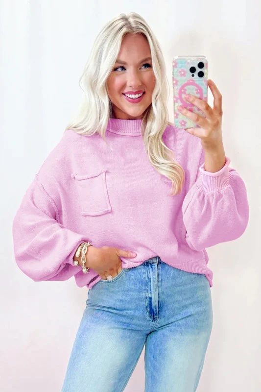 Pink Raw Edge Ribbed Detail Drop Shoulder Sweater - Image 6