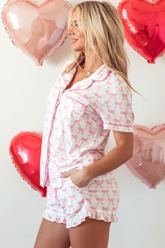Pink Short Sleeve and Ruffled Shorts Pajama Set - Image 17