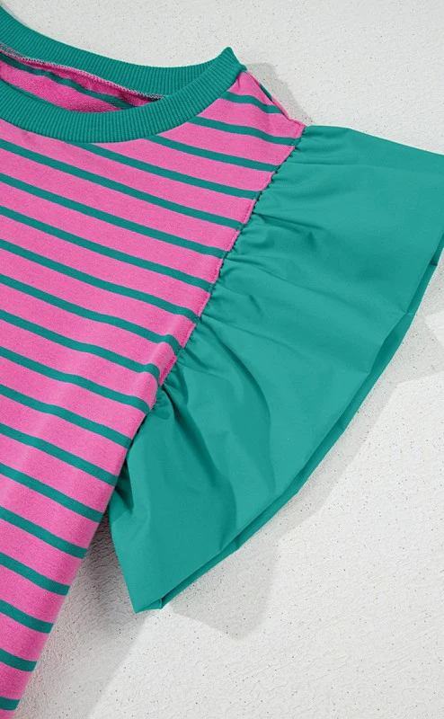 Pink Stripe Colorblock Ruffled  Cotton Blouse Top - Image 5