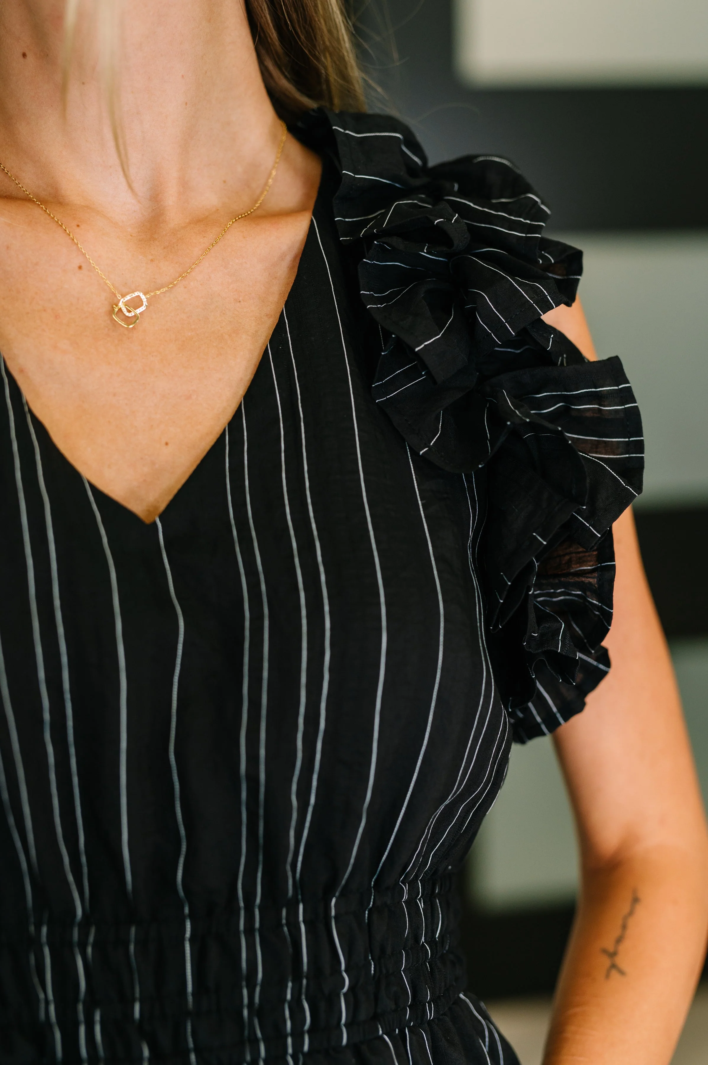 Pinstripe Romance V-Neck Ruffle Sleeve Dress in Black - Image 2