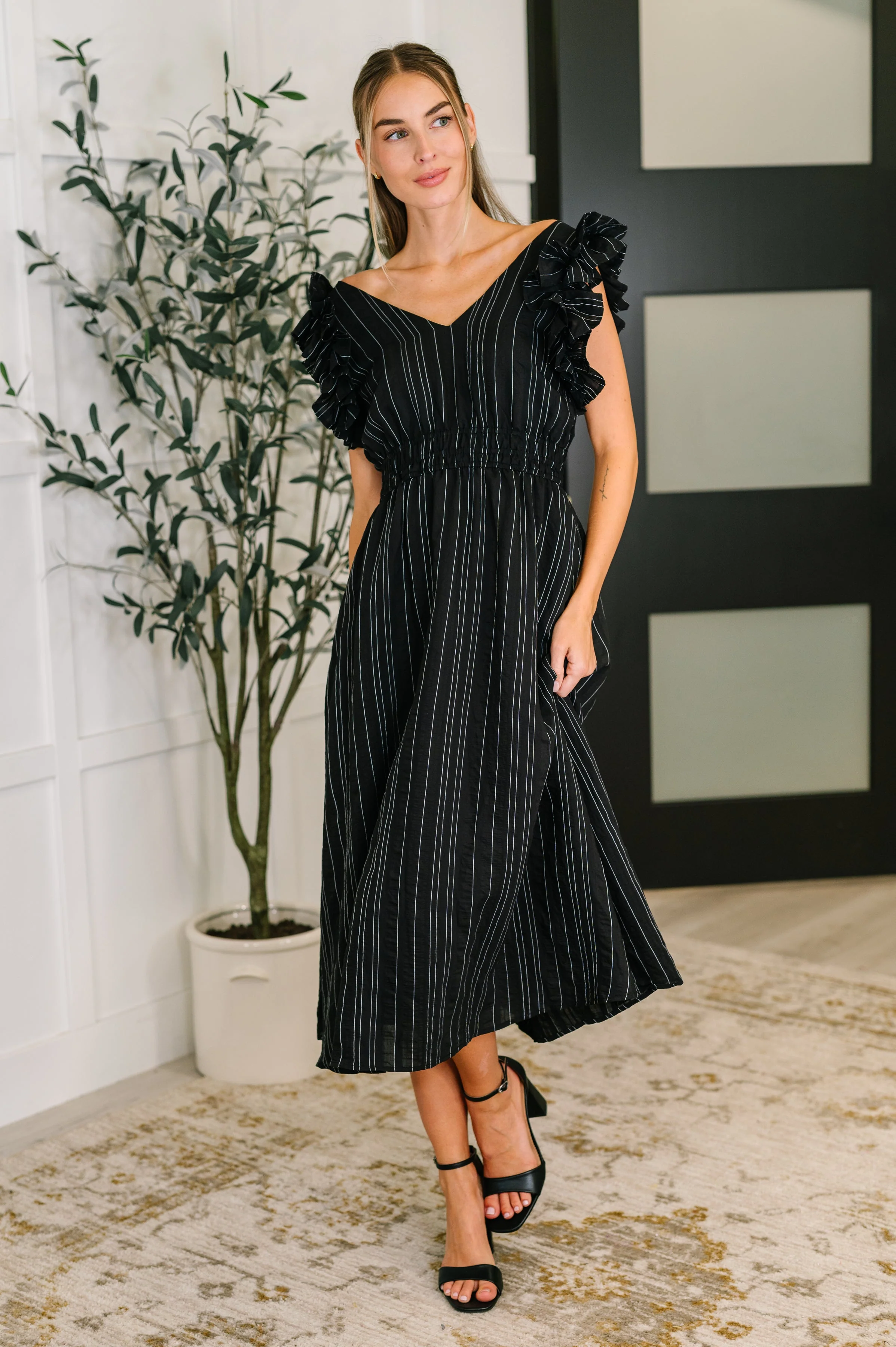 Pinstripe Romance V-Neck Ruffle Sleeve Dress in Black - Image 3