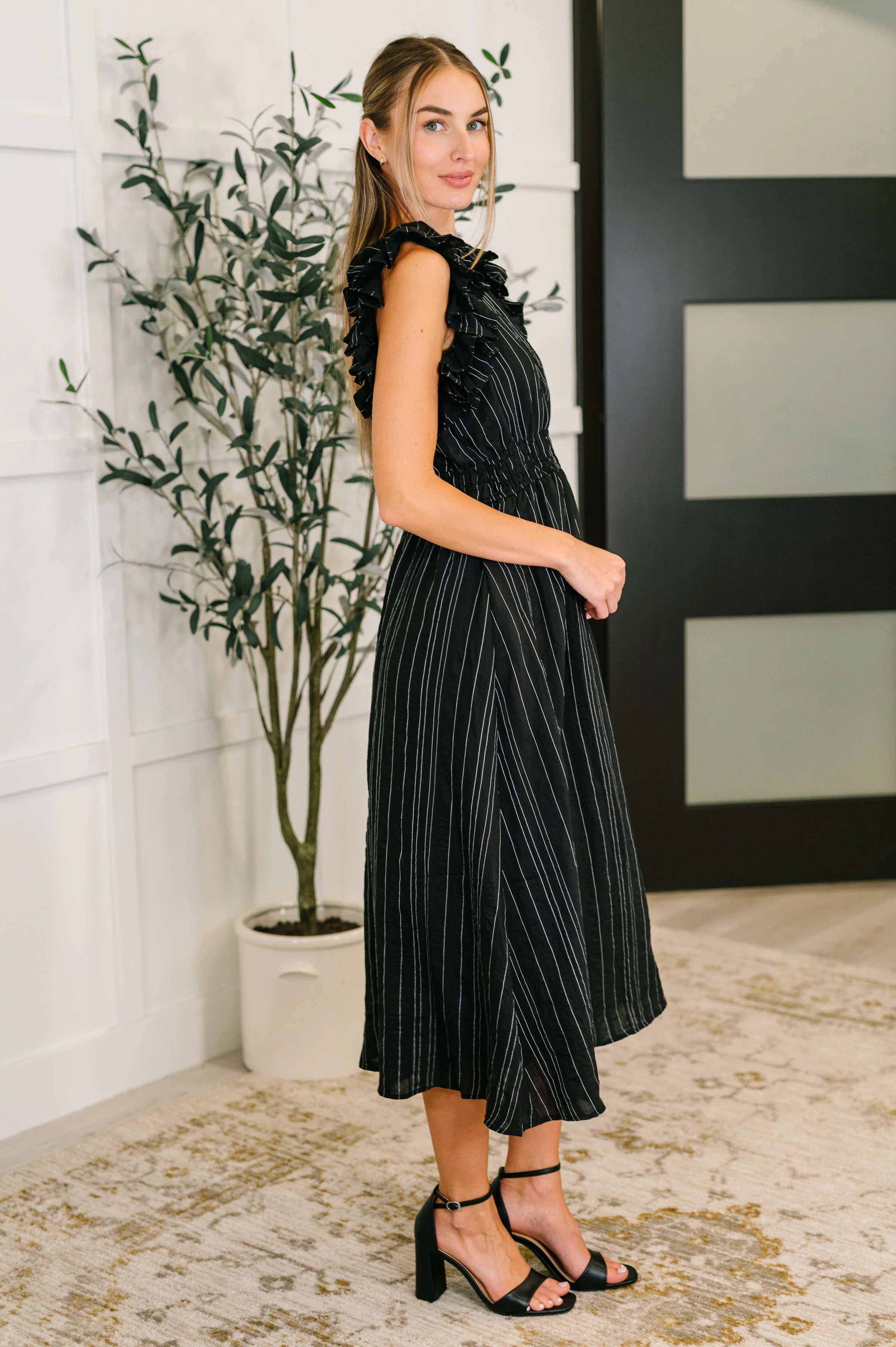 Pinstripe Romance V-Neck Ruffle Sleeve Dress in Black - Image 4