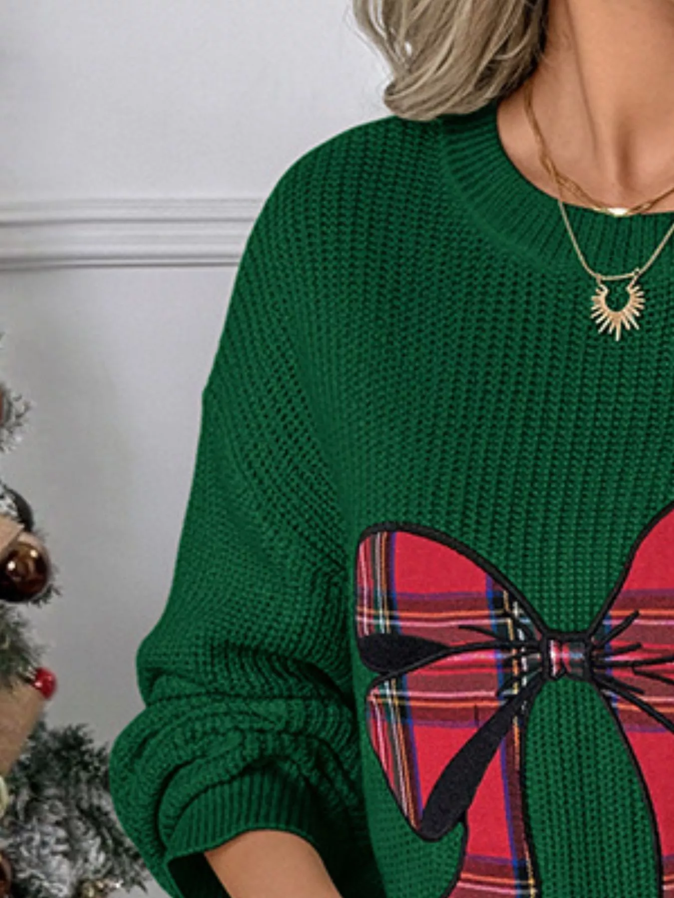 Plaid Bow Round Neck Christmas Sweater - Image 3