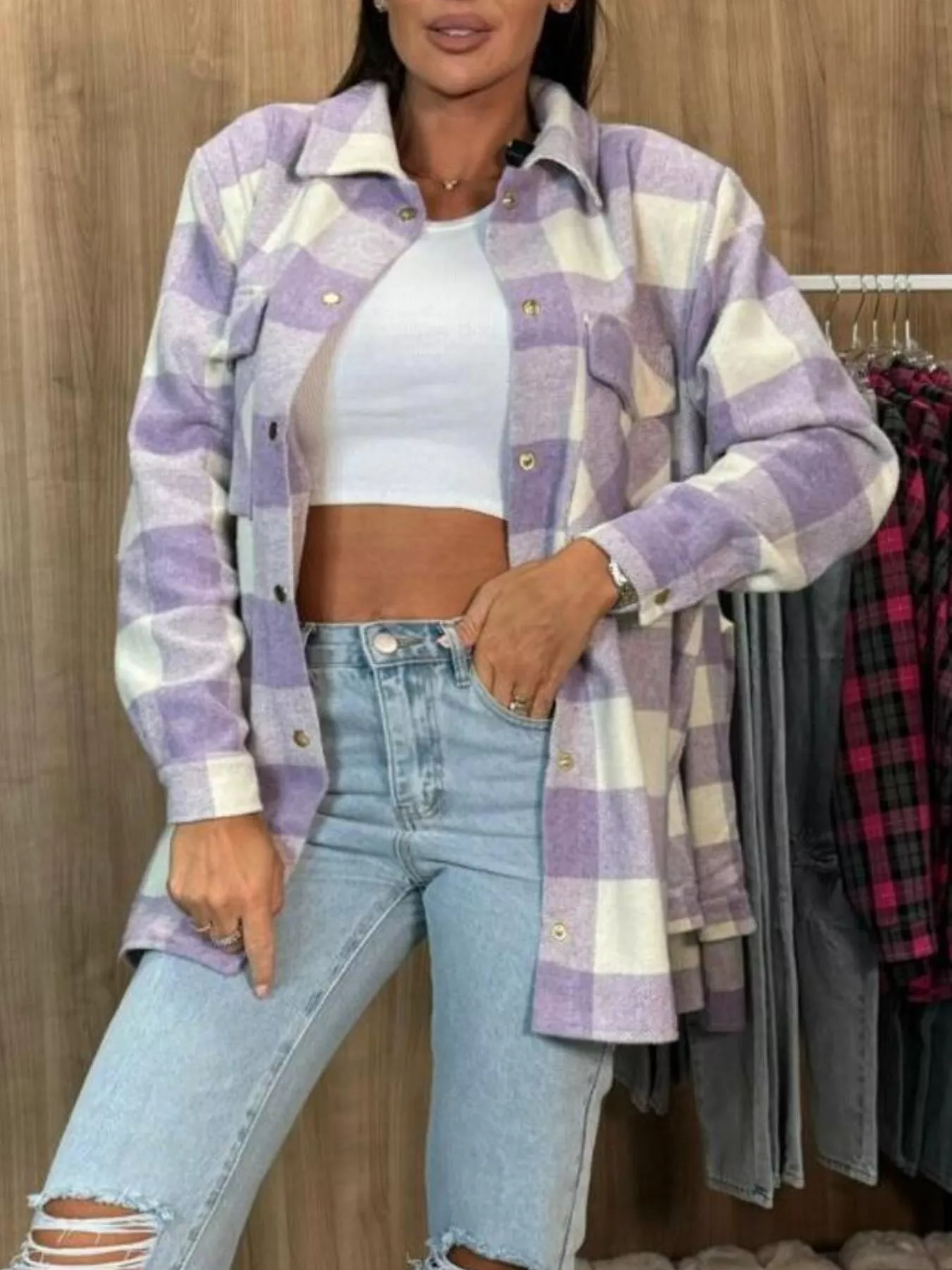 Plaid Button-Down Long Sleeve Shacket - Image 10